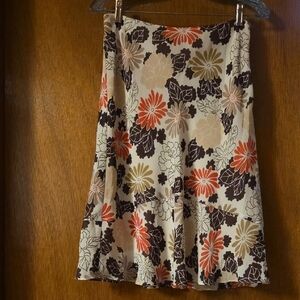 LOFT Cream A-Line Skirt with Coral and Brown Floral Print